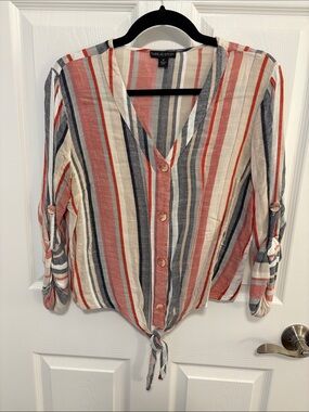 Thread Story Striped Tie-Front Light Weight Linen Button Shirt